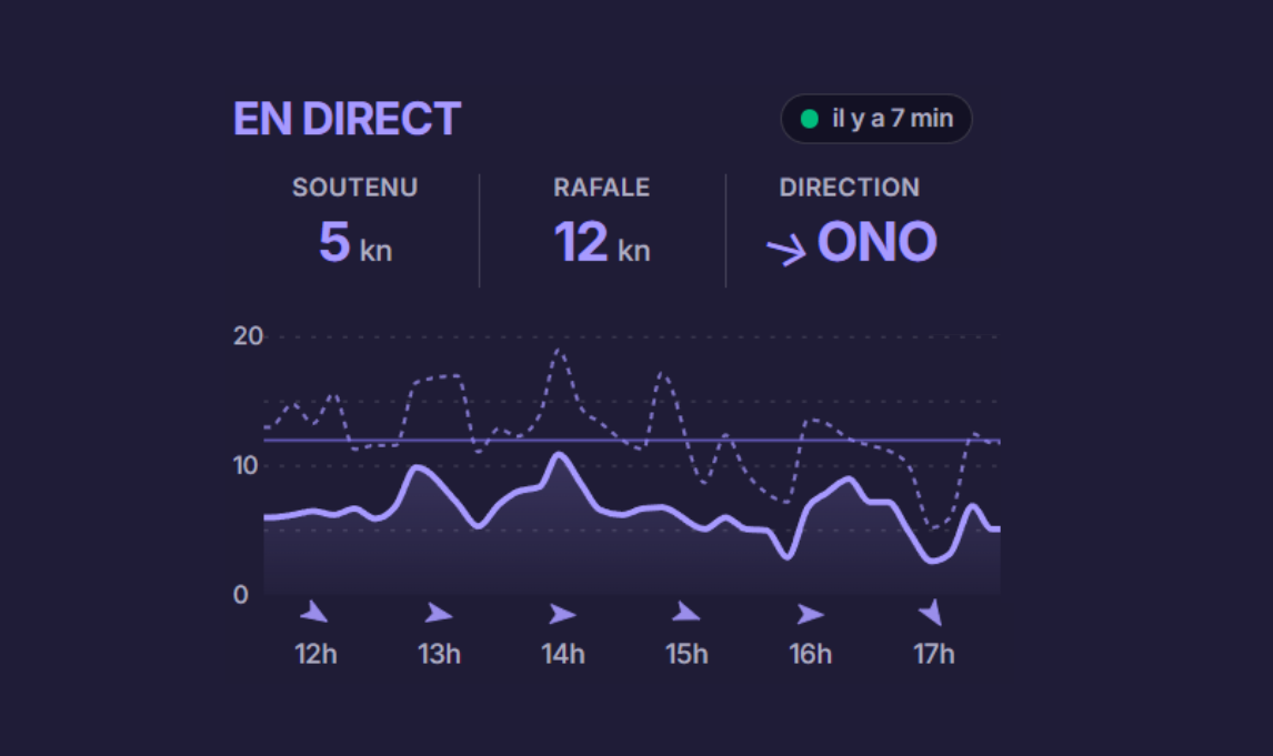 Observations de vent : 5 nœuds soutenus, rafales de 12 nœuds et direction ouest-nord-ouest, avec le graphique récent.