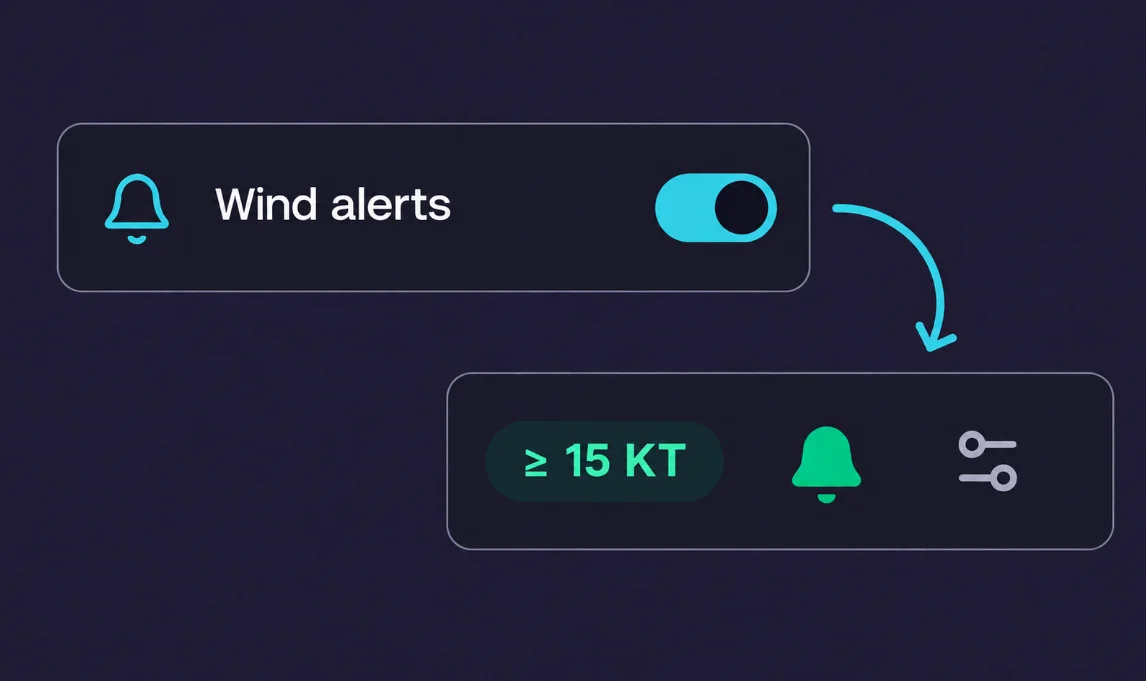 Wind-alert toggle switched on with a threshold of at least 15 knots.