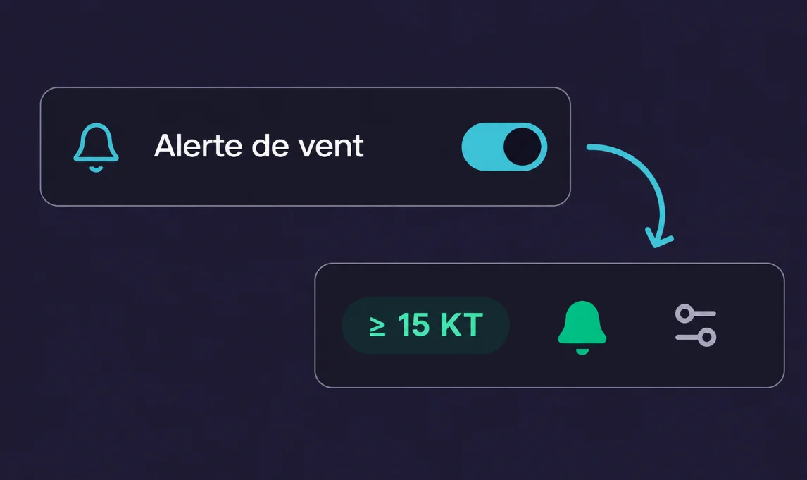 Interrupteur d’alerte de vent activé et seuil réglé à au moins 15 nœuds.
